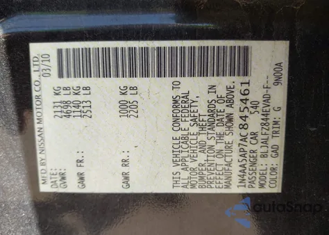 2010 Nissan Maxima 3.5 Sv z USA, uszkodzony, nr VIN 1N4AA5AP7AC845461